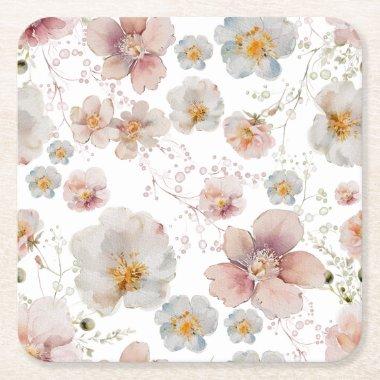 Elegant Pink Dusty Blue Flower  Square Paper Coaster