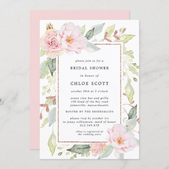 Elegant Pink Floral and Rose Gold Bridal Shower Invitations
