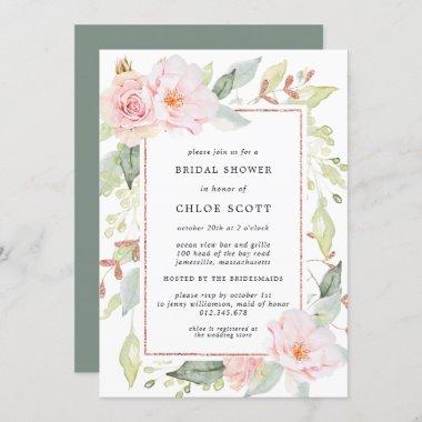 Elegant Pink Floral and Rose Gold Bridal Shower Invitations