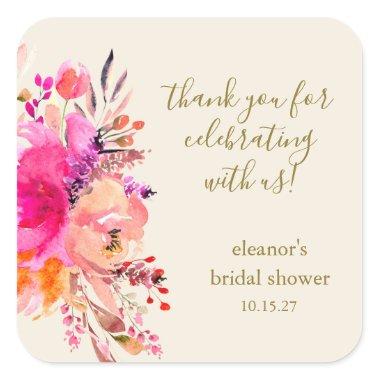 Elegant Pink Floral Bridal Shower Custom Thank You Square Sticker