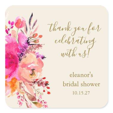 Elegant Pink Floral  Custom Thank You Square Sticker