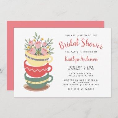 Elegant Pink Floral Bridal Shower Tea Party Invitations