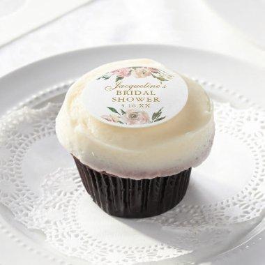 Elegant Pink Floral Custom Gold Bridal Shower Edible Frosting Rounds