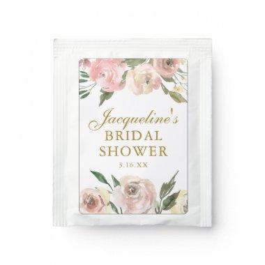 Elegant Pink Floral Custom Gold Bridal Shower Tea Bag Drink Mix