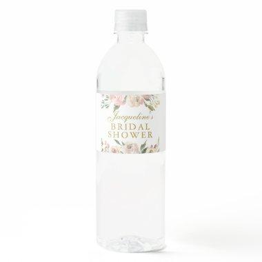 Elegant Pink Floral Custom Gold Bridal Shower Water Bottle Label