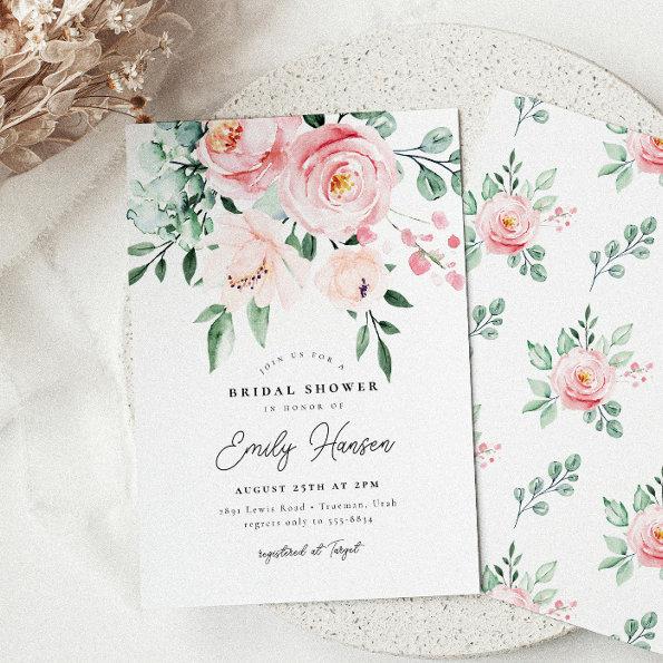 Elegant Pink Floral Garden Rose Bridal Shower Invitations