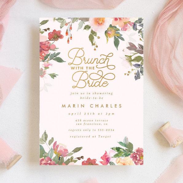 Elegant Pink Floral Gold Bridal Shower Brunch Invitations