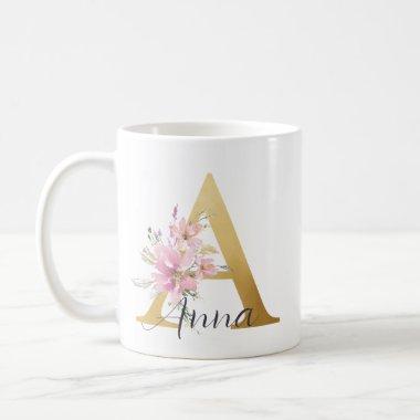 Elegant Pink Floral Gold Letter Monogram A Coffee Mug