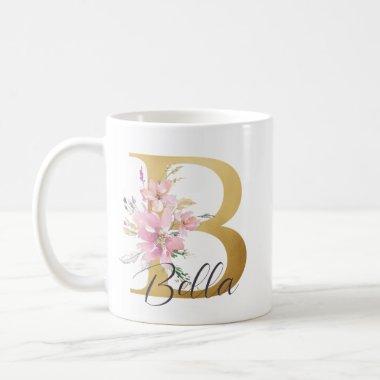 Elegant Pink Floral Gold Letter Monogram B Coffee Mug