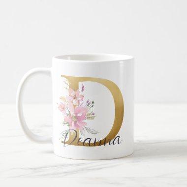 Elegant Pink Floral Gold Letter Monogram D Coffee Mug
