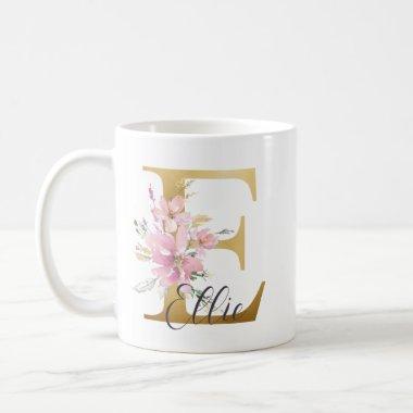 Elegant Pink Floral Gold Letter Monogram E Coffee Mug