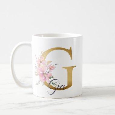 Elegant Pink Floral Gold Letter Monogram G Coffee Mug