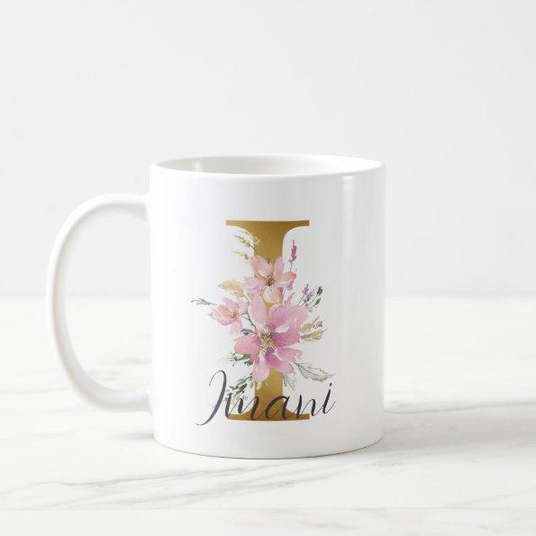Elegant Pink Floral Gold Letter Monogram I Coffee Mug