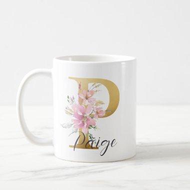 Elegant Pink Floral Gold Letter Monogram P Coffee Mug