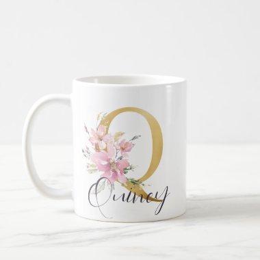 Elegant Pink Floral Gold Letter Monogram Q Coffee Mug