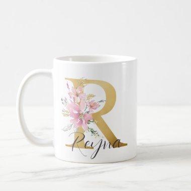 Elegant Pink Floral Gold Letter Monogram R Coffee Mug