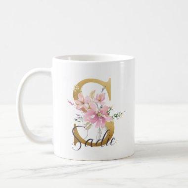 Elegant Pink Floral Gold Letter Monogram S Coffee Mug