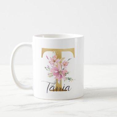 Elegant Pink Floral Gold Letter Monogram T Coffee Mug