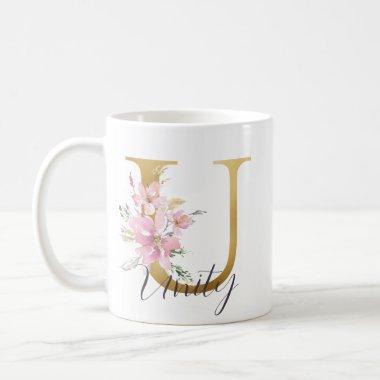 Elegant Pink Floral Gold Letter Monogram U Coffee Mug