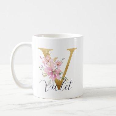 Elegant Pink Floral Gold Letter Monogram V Coffee Mug