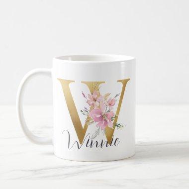 Elegant Pink Floral Gold Letter Monogram W Coffee Mug