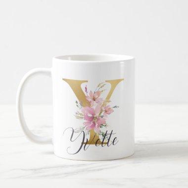 Elegant Pink Floral Gold Letter Monogram Y Coffee Mug