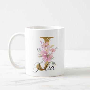 Elegant Pink Floral Gold Monogram Letter J Coffee Mug