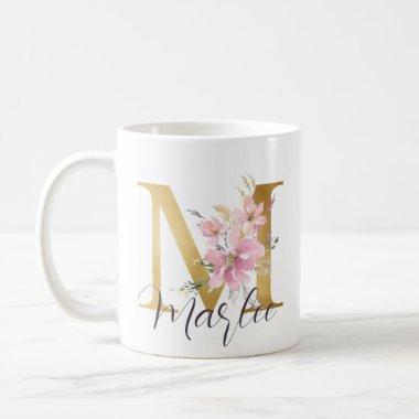 Elegant Pink Floral Gold Monogram Letter M Coffee Mug