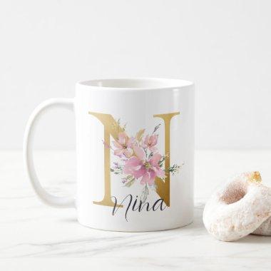 Elegant Pink Floral Gold Monogram Letter N Coffee Mug