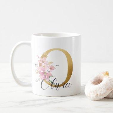 Elegant Pink Floral Gold Monogram Letter O Coffee Mug