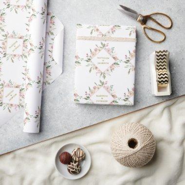 Elegant Pink Floral Gold Script Custom Wedding Wrapping Paper