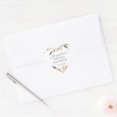 Elegant Pink Floral Personalized Bridal Shower Heart Sticker