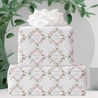 Elegant Pink Floral Sage Typography Custom Wedding Wrapping Paper