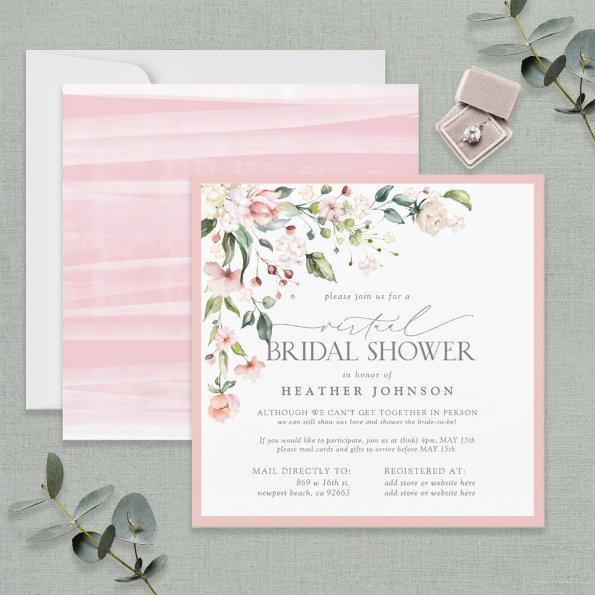 Elegant Pink Floral Script Virtual Bridal Shower Invitations
