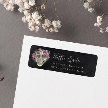 Elegant Pink Floral Skull Halloween Return Address Label