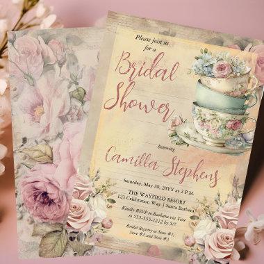 Elegant Pink Floral Tea Cups Bridal Shower Tea Invitations