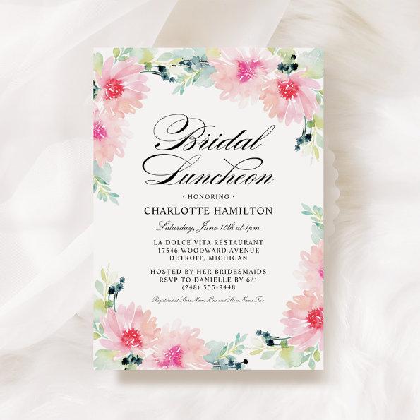 Elegant Pink Floral Watercolor Bridal Luncheon Invitations