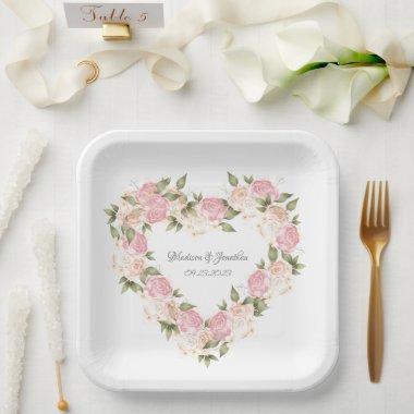 Elegant Pink Floral Watercolor Names Wedding Heart Paper Plates