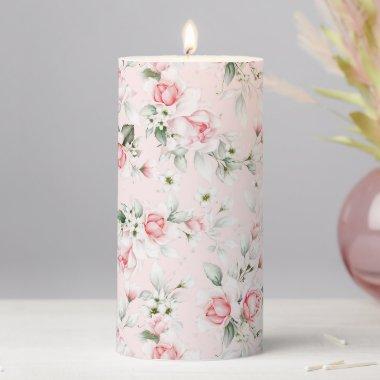 Elegant Pink Flowers and Soft Pastel Greenery Pillar Candle
