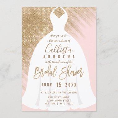 Elegant Pink Gold Glitter Dress Bridal Shower Invitations