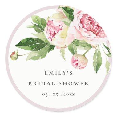 Elegant Pink Green Peony Floral Bridal Shower Classic Round Sticker