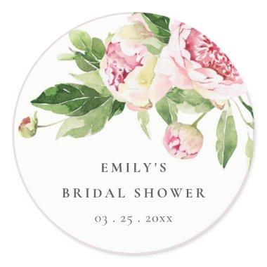 Elegant Pink Green Peony Floral  Classic Round Sticker
