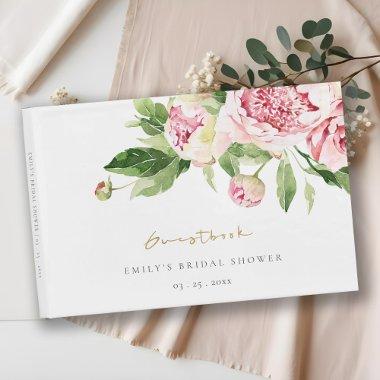 Elegant Pink Green Peony Floral  Guest Book