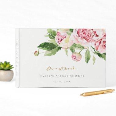 Elegant Pink Green Peony Floral Bridal Shower Guest Book