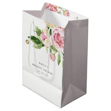Elegant Pink Green Peony Floral Bridal Shower Medium Gift Bag