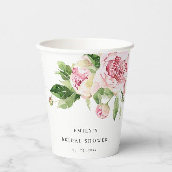 Elegant Pink Green Peony Floral Bridal Shower Paper Cups