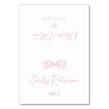 Elegant Pink Hand Drawn Bow Wedding Foldable Table Number