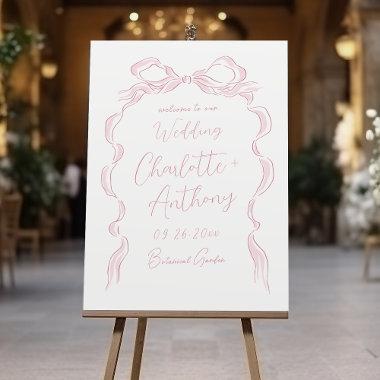 Elegant Pink Hand Drawn Bow Wedding Welcome Sign