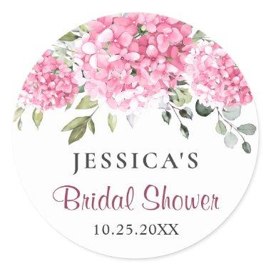 Elegant Pink Hydrangea Eucalyptus Bridal Shower Classic Round Sticker