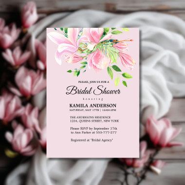 Elegant Pink Magnolia Watercolor Bridal Shower Invitations